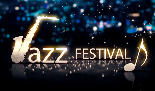 Jazz Festival Saxophone Silver City Bokeh Star Shine Blue 3D