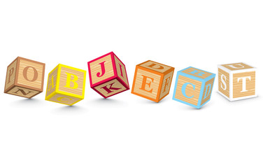 Word OBJECT written with alphabet blocks