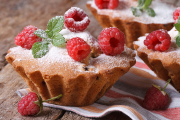 muffins with raspberries, powdered with sugar horizontal
