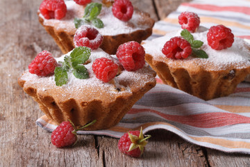 raspberry cupcakes with mint, sprinkled with powdered sugar