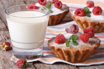 fresh cupcakes with raspberries closeup and milk horizontal