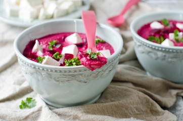 Beet cream soup with feta