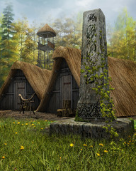 Obelisk w środku średniowiecznej osady © Obsidian Fantasy