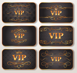 Set of gold VIP cards with floral pattern