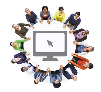 Multiethnic Group of People Holding Hands with Computer Symbol