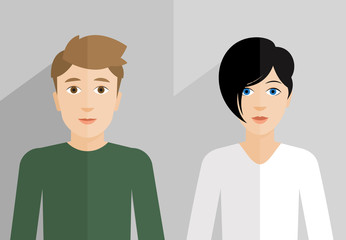 Flat vector illustration of woman’s and man’s face close up.