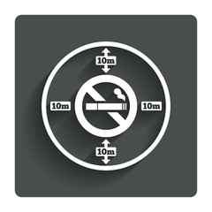 No smoking 10m distance sign icon. Stop smoking