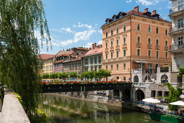 Along the riverside in the centre of Ljubljana, Slovenia