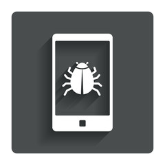 Smartphone virus sign icon. Software bug symbol.