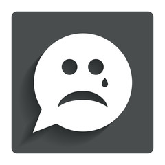Sad face with tear sign icon. Crying symbol.