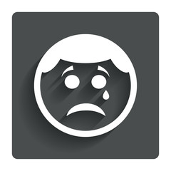 Sad face with tear sign icon. Crying symbol.