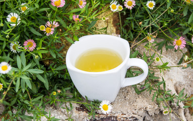 Glass cup of tea  on rustic table