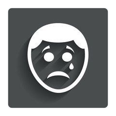 Sad face with tear sign icon. Crying symbol.
