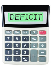 Calculator with DEFICIT on display isolated on white background
