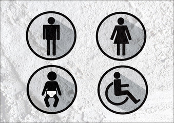 Restroom icon and Pictogram Man Woman Sign on Cement wall textur