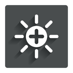 Sun plus sign icon. Heat symbol. Brightness.