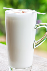Fresh milk drinks on woden table