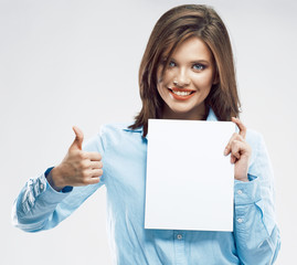 Business woman show thumb up. holding white banee