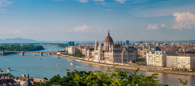 Panorama view at the parliament with Danube river in Budapest