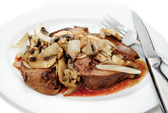 Served Liver Smothered with Organic Onions and Mushrooms