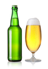 glass and bottle of beer on a white background