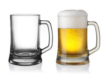 Empty and full beer in glass isolated on white backgroung