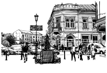 digital sketch vector black and white illustration of Uzhgorod c