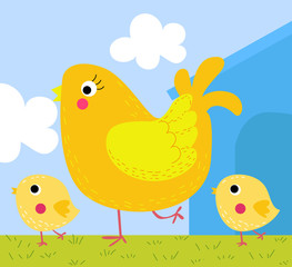 Cartoon hen with chick