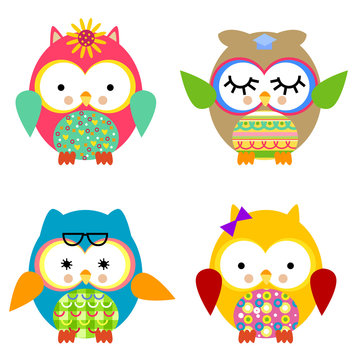 Four cute owls