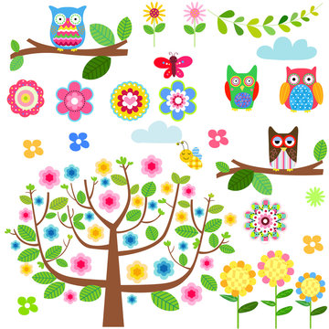 Cartoon set - owls, flowers