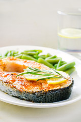 crispy grilled salmon steak with green beans