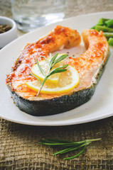 crispy grilled salmon steak with green beans