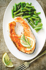 crispy grilled salmon steak with green beans