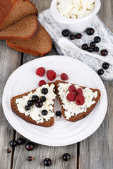 Bread with cottage cheese and berries on plate close-up