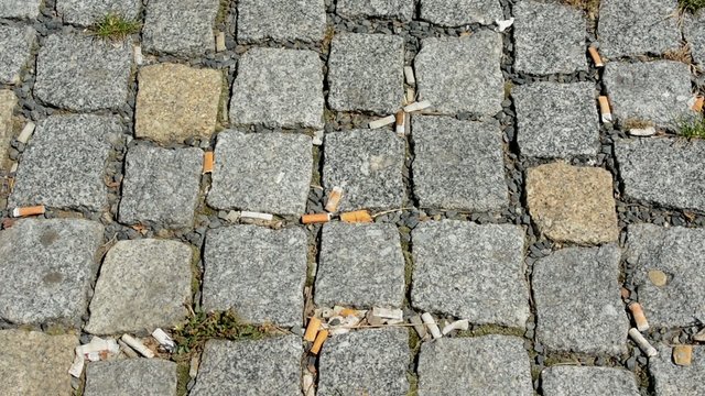 cigarette butts on the stone pavement
