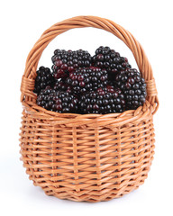 Fototapeta na wymiar Delicious blackberries in wicker basket isolated on white