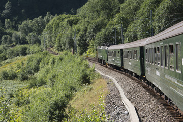 Tourist train through the mountains from Flam to Myrdal