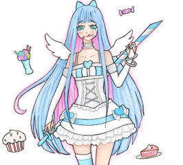 An anime style girl warrior with a sword and food isolated
