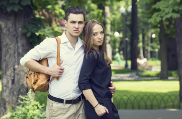 portrait of a loving couple on nature in park