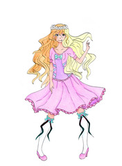 Fototapeta na wymiar An anime style girl in a pink dress drawing