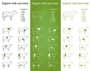 Organic  milk cow meat parts Icons for packaging and info-graphi