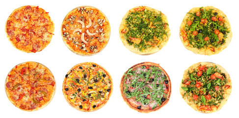 Collage of different pizza isolated on white
