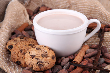 Cocoa drink and cocoa beans on sackcloth  background