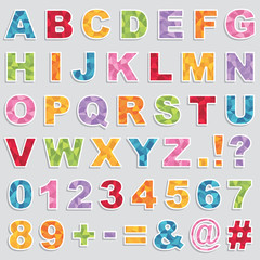 Alphabet stickers vector clip art bright color typography icons shiny red blue green yellow orange