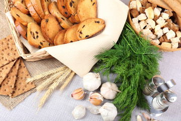 Homemade croutons on table in kitchen, close up