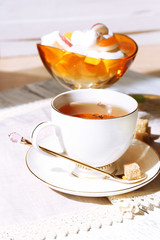 Cup of tea on table, close up