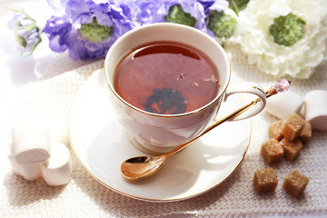 Cup of tea on table, close up