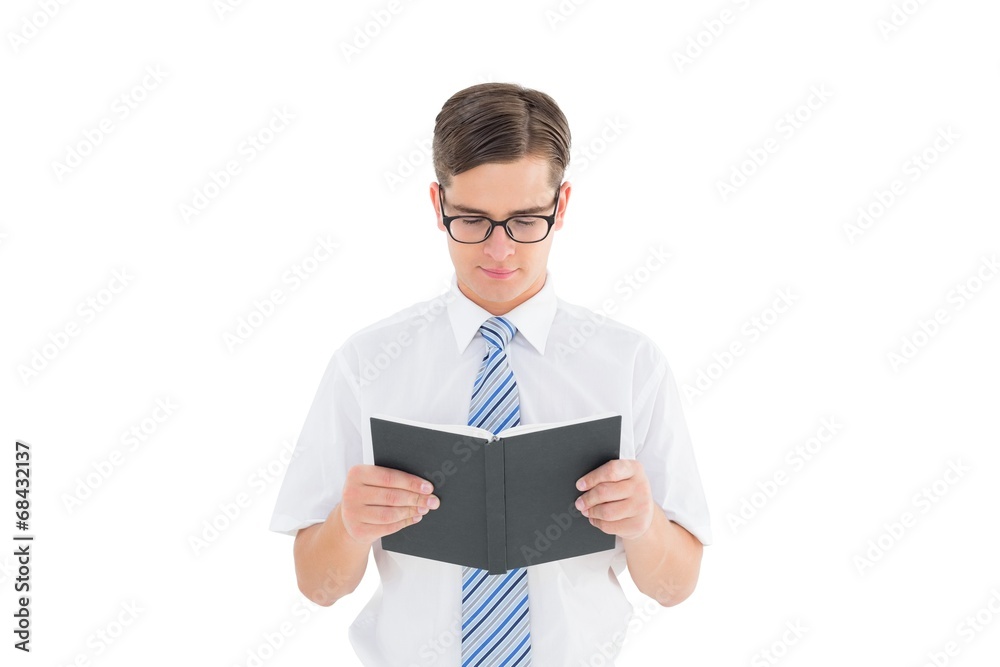 Poster geeky businessman reading from book