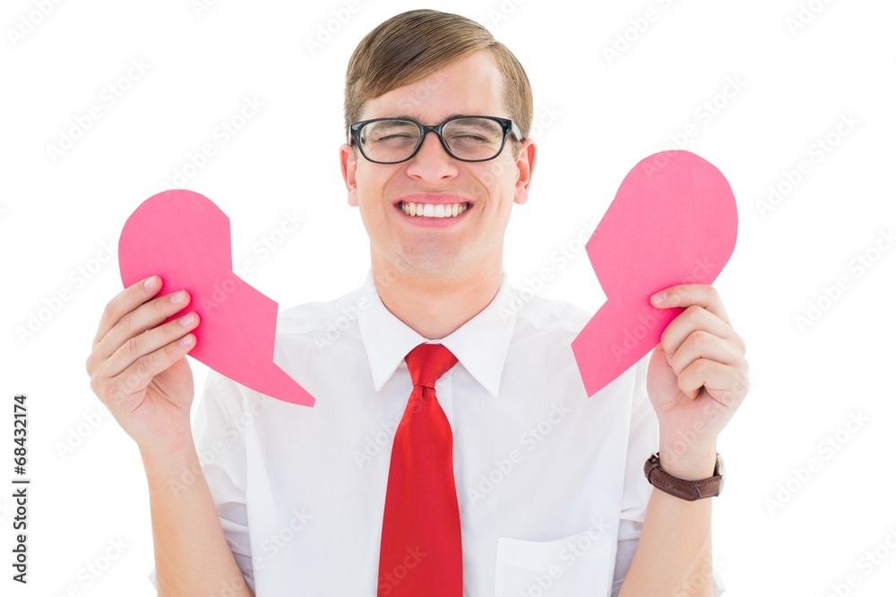 Poster geeky hipster holding a broken heart card