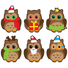 owls in winter hats colored vector